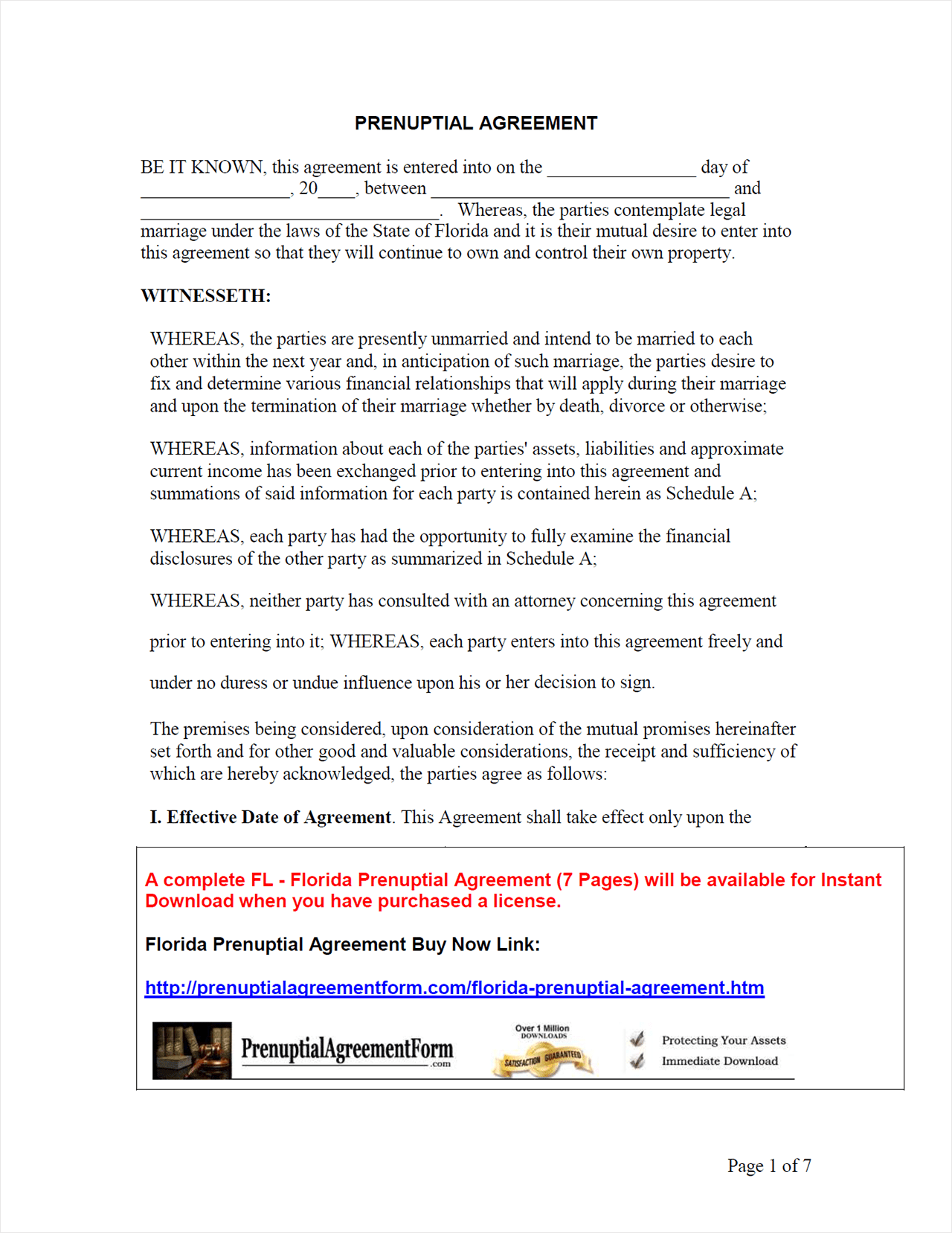 Florida Prenuptial Agreement First page