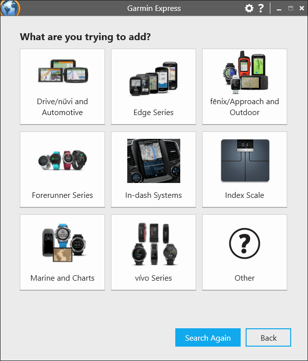 GARMIN Express Supported hardware types