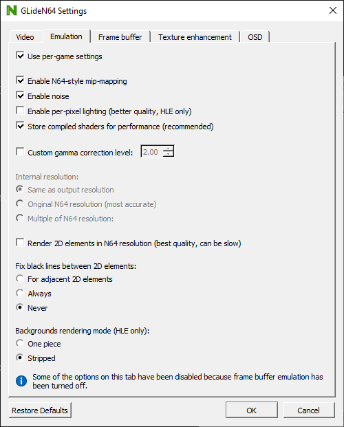 GLideN64 Emulation settings