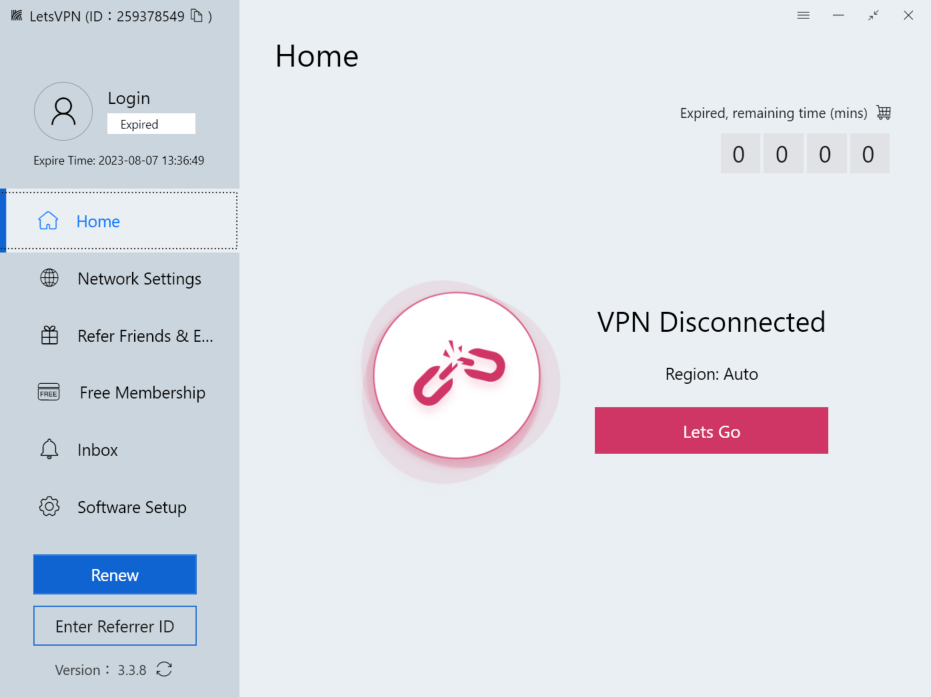 LetsVPN Welcome page
