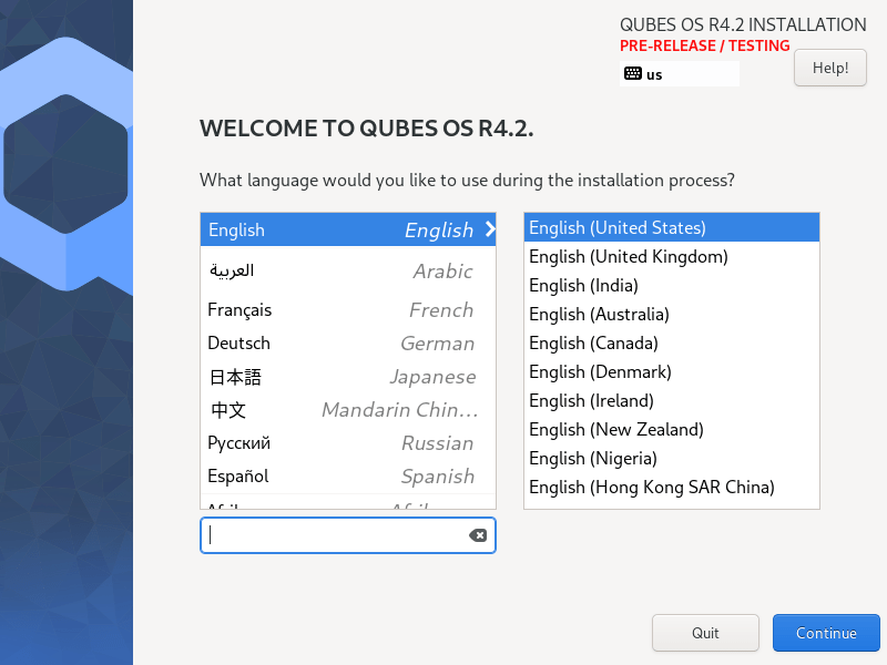 Qubes OS Pick installation language
