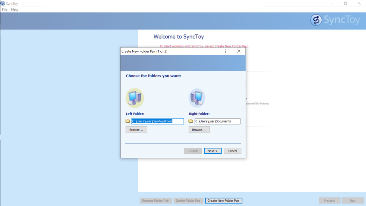 SyncToy Choosing folders