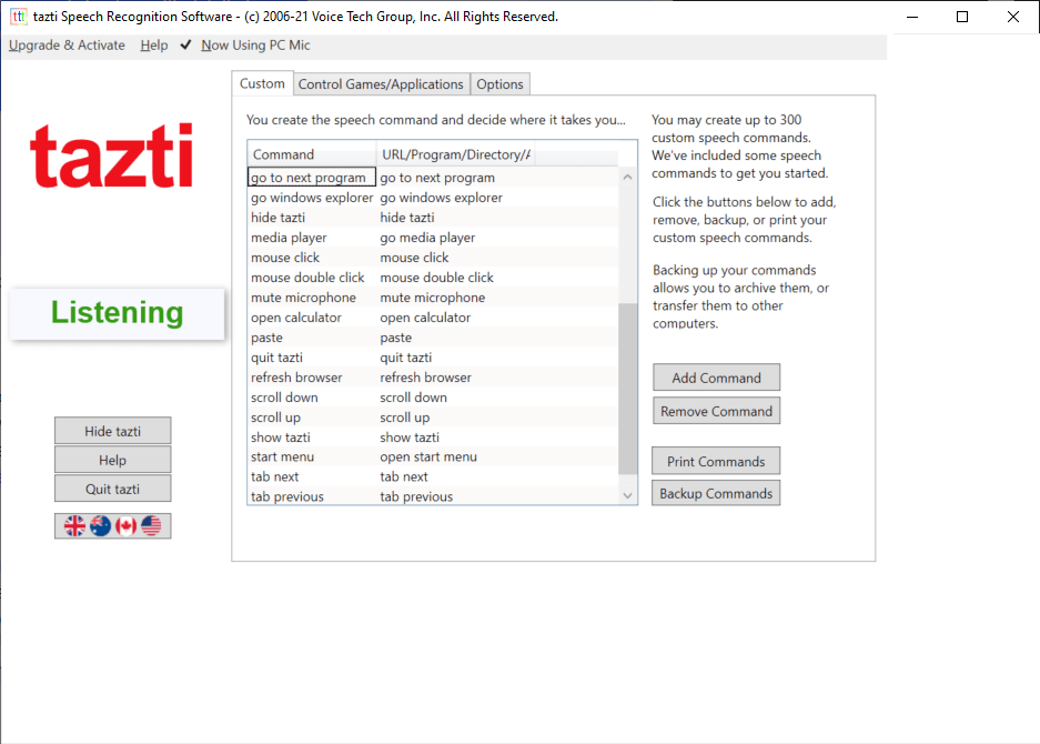 tazti Voice commands