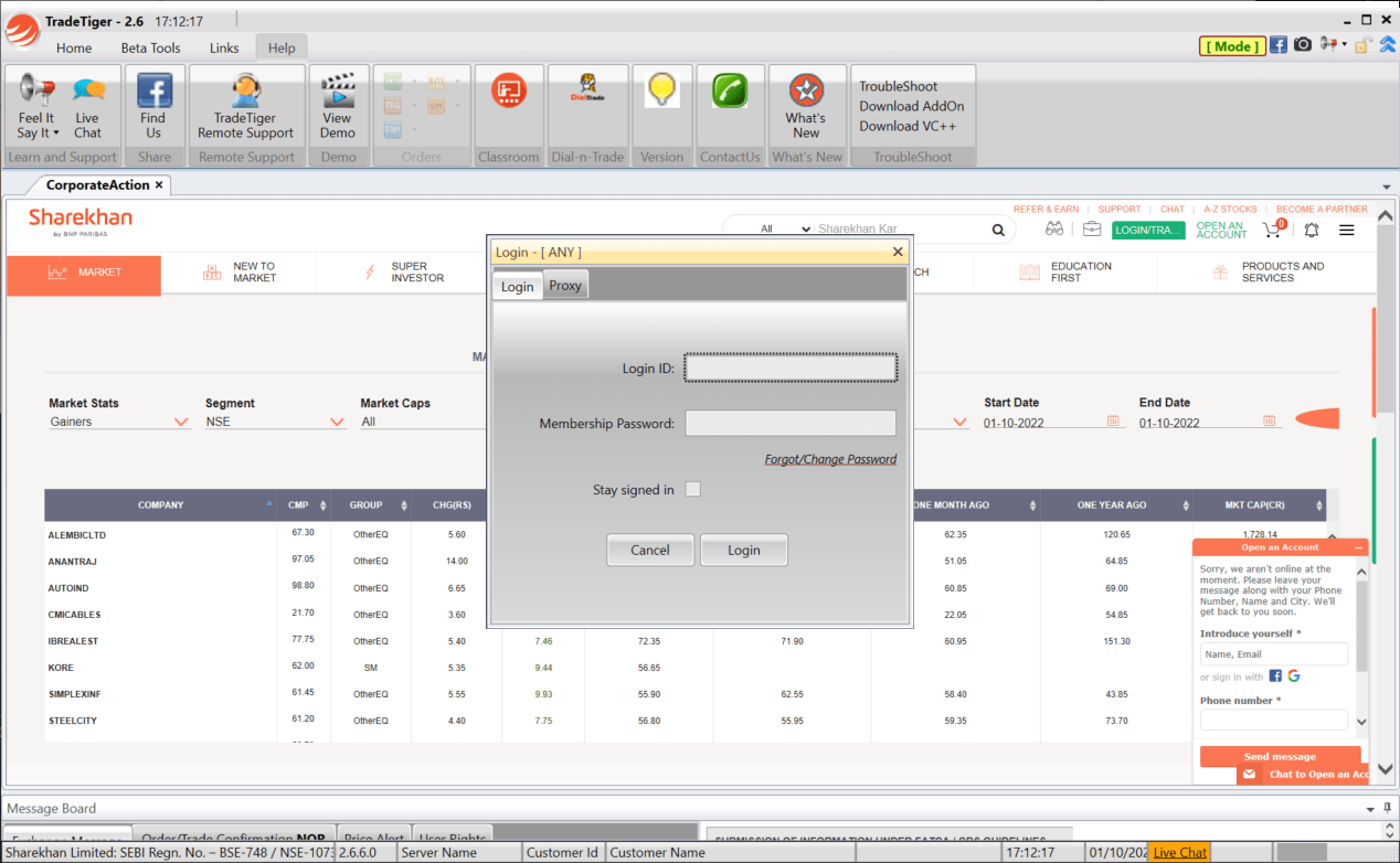 TradeTiger Login window