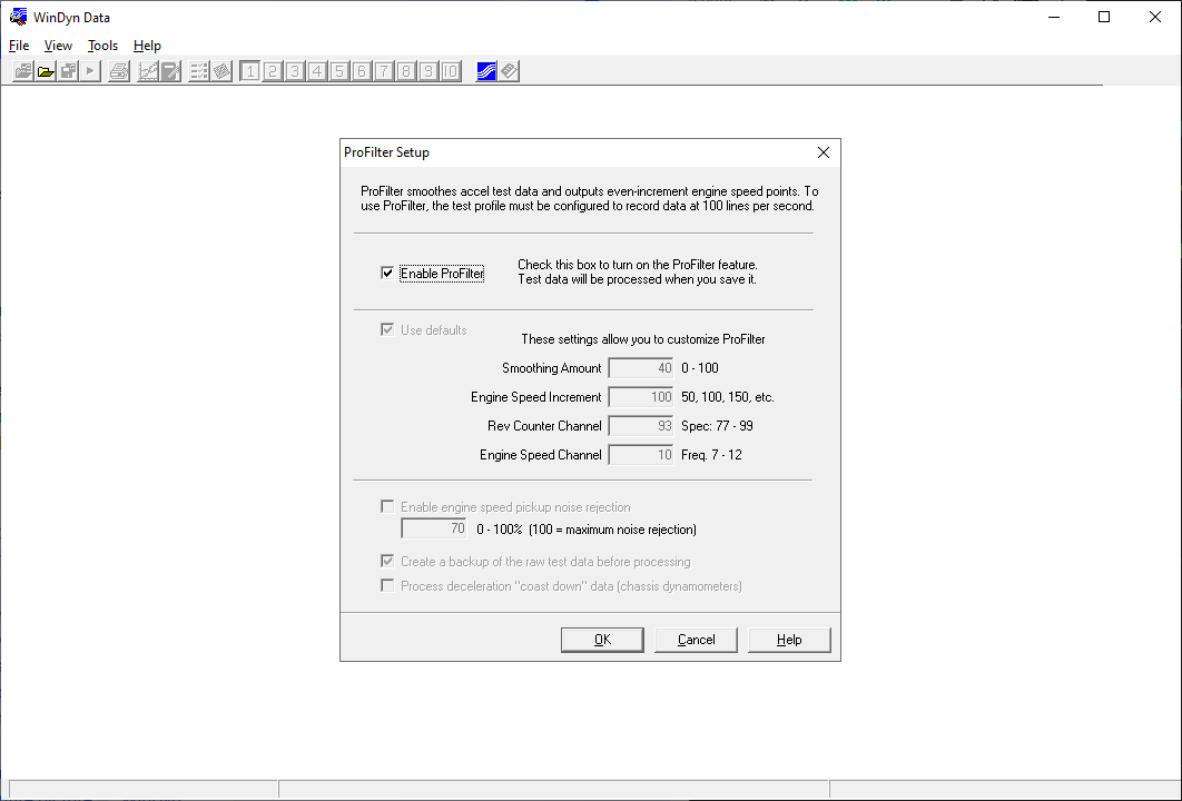 WinDyn ProFilter settings